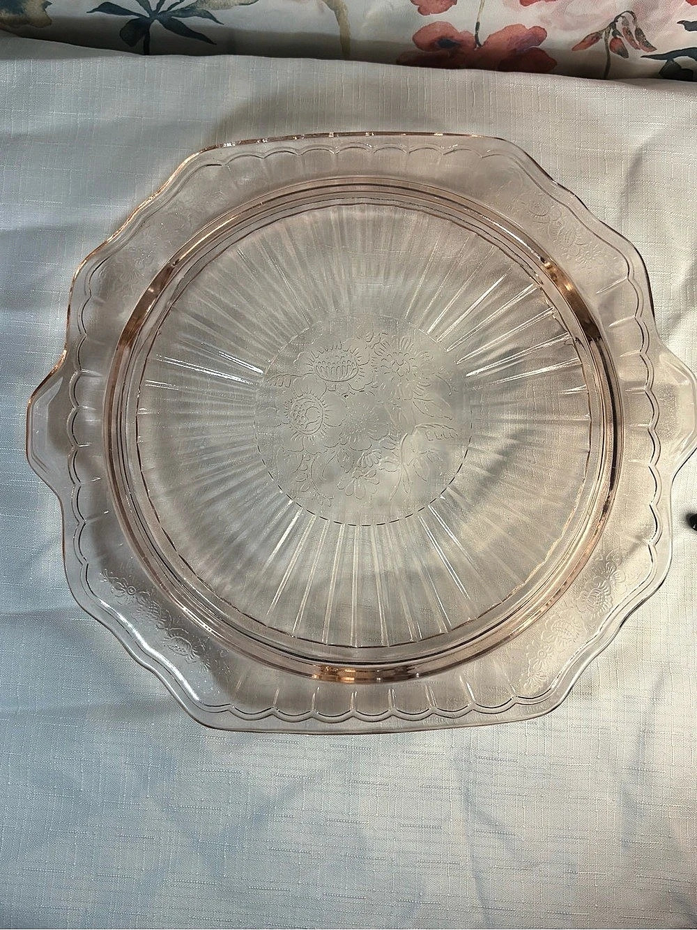 Vintage Pink Depression Floral Glass Serving Platter